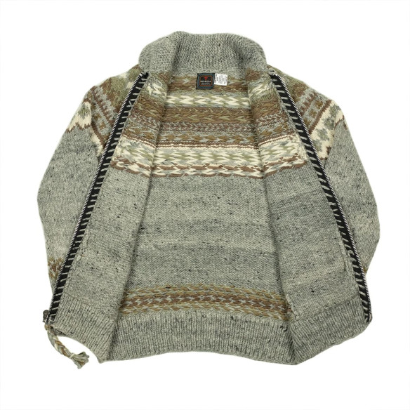 Cardigan zippé style cowichan en laine mérinos tricoté à la main - Gris perle - Caudie