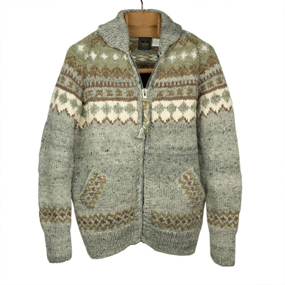 Cardigan zippé style cowichan en laine mérinos tricoté à la main - Gris perle - Caudie