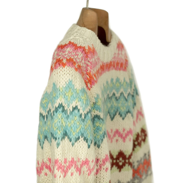 Pull en laine mérinos Fair Isle tricoté à la main - Ivoire, rose et turquoise - Caudie