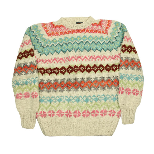 Pull en laine mérinos Fair Isle tricoté à la main - Ivoire, rose et turquoise - Caudie