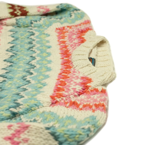 Pull en laine mérinos Fair Isle tricoté à la main - Ivoire, rose et turquoise - Caudie