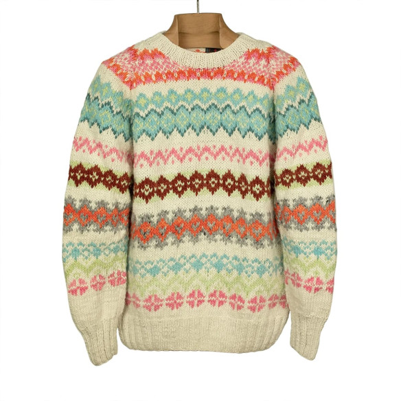 Pull en laine mérinos Fair Isle tricoté à la main - Ivoire, rose et turquoise - Caudie