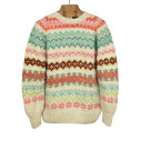 Handknit fair isle sweater in merino wool - Ivory, pink and turquoise - Caudie