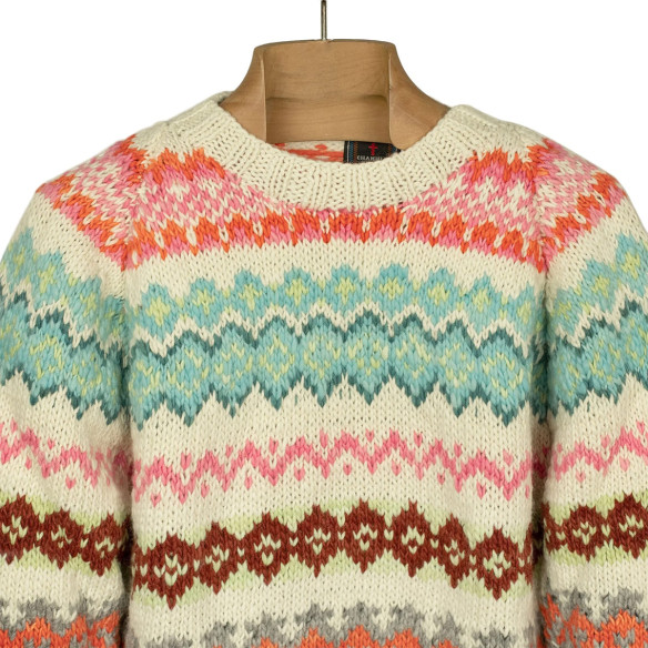Pull en laine mérinos Fair Isle tricoté à la main - Ivoire, rose et turquoise - Caudie