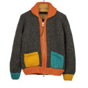 Cardigan Eagle Cowichan en laine vierge 6 fils tricoté à la main - anthracite, orange, jaune et bleu - Caudie