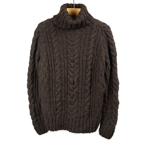 Pull à col roulé pêcheur en laine mérinos tricoté main - Chocolat - Caudie