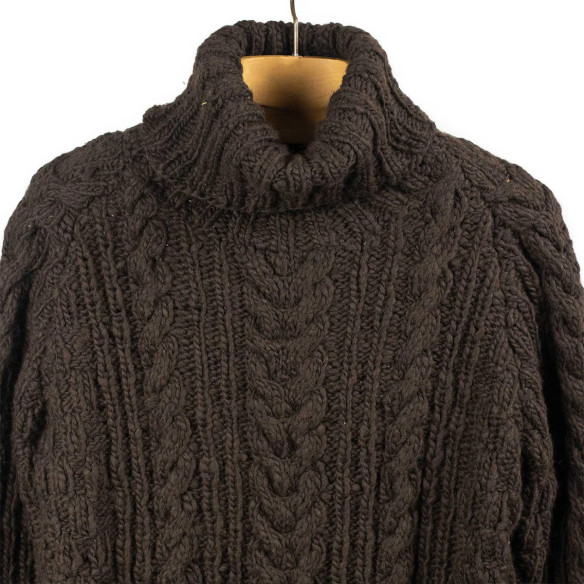 Pull à col roulé pêcheur en laine mérinos tricoté main - Chocolat - Caudie