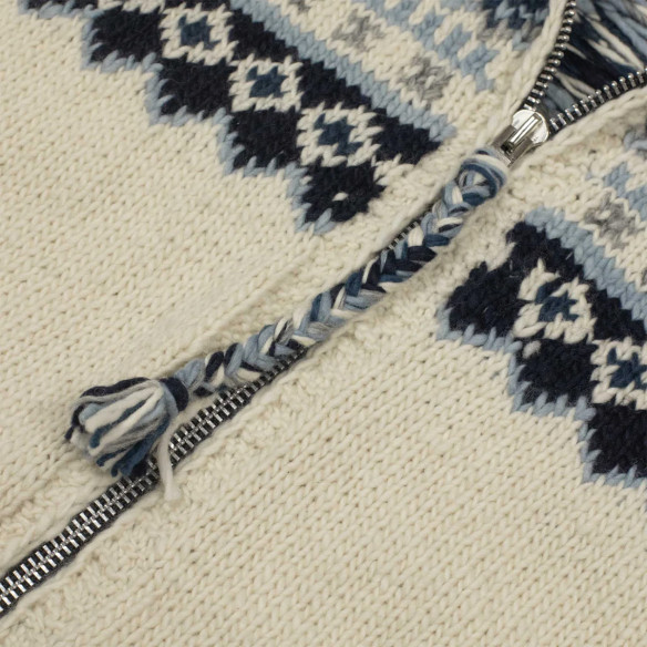 Cardigan zippé style cowichan en laine mérinos tricoté à la main - Ivoire - Caudie