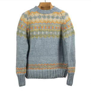 Handknit Fair Isle crewneck sweater in merino wool - Light Indigo - Caudie