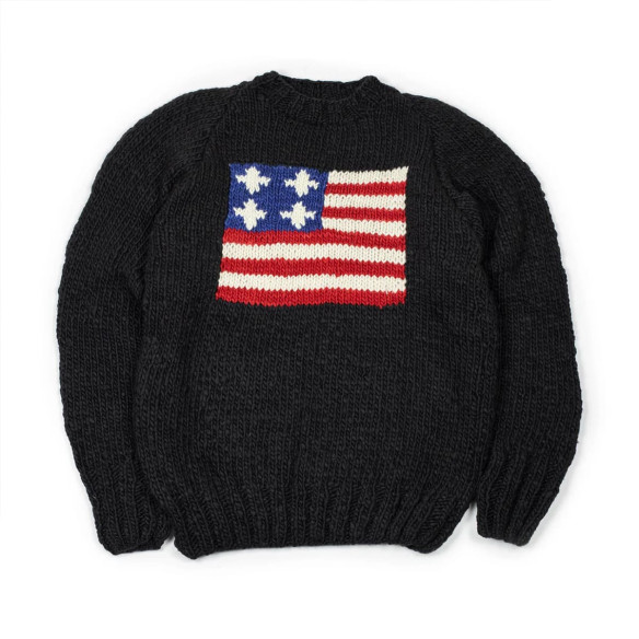 Handknit American flag crewneck sweater in merino wool - Black - Caudie