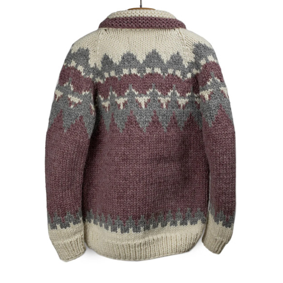 Cardigan Cowichan en laine vierge 6 fils tricoté à la main - mauve, gris et écru - Caudie Cardigan Cowichan en laine vierge 6 fils tricoté à la main - mauve, gris et écru - Caudie