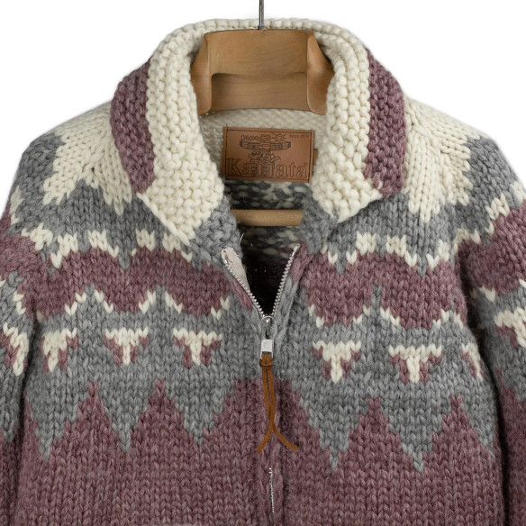 Cowichan cardigan hand-knit 6-ply wool - mauve, grey, and ecru - Caudie