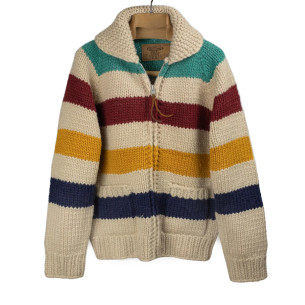 Cardigan Cowichan en laine vierge 6 fils tricoté à la main - rayures multicolores - Caudie