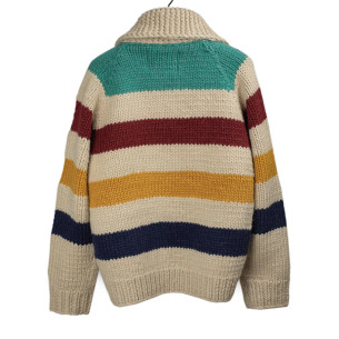 Cardigan Cowichan en laine vierge 6 fils tricoté à la main - rayures multicolores - Caudie 2