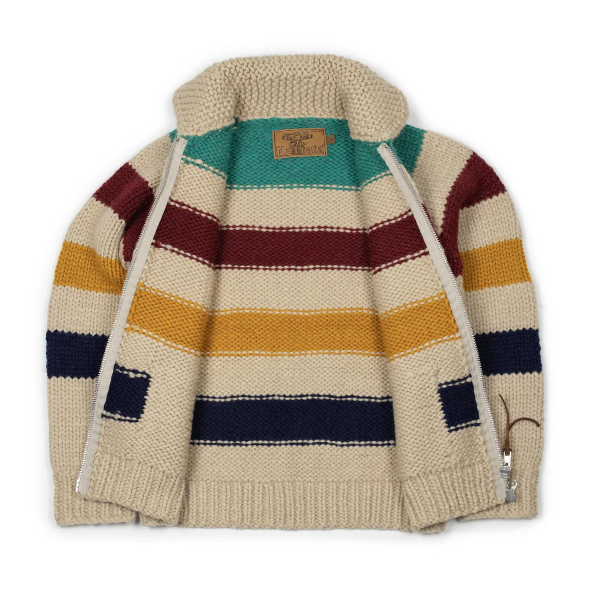 Cardigan Cowichan en laine vierge 6 fils tricoté à la main - rayures multicolores - Caudie