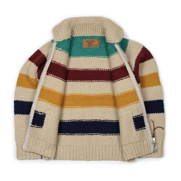 Cardigan Cowichan en laine vierge 6 fils tricoté à la main - rayures multicolores - Caudie Cardigan Cowichan en laine vierge 6 fils tricoté à la main - rayures multicolores - Caudie