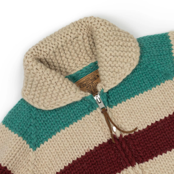 Cardigan Cowichan en laine vierge 6 fils tricoté à la main - rayures multicolores - Caudie Cardigan Cowichan en laine vierge 6 fils tricoté à la main - rayures multicolores - Caudie