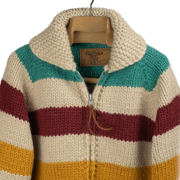 Cardigan Cowichan en laine vierge 6 fils tricoté à la main - rayures multicolores - Caudie Cardigan Cowichan en laine vierge 6 fils tricoté à la main - rayures multicolores - Caudie