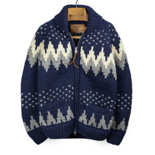 Cardigan Cowichan en laine vierge 6 fils tricoté à la main - navy et gris - Caudie