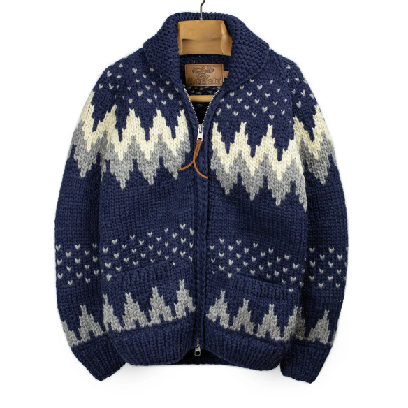 Cowichan cardigan hand-knit 6-ply wool - navy and grey winter - Caudie