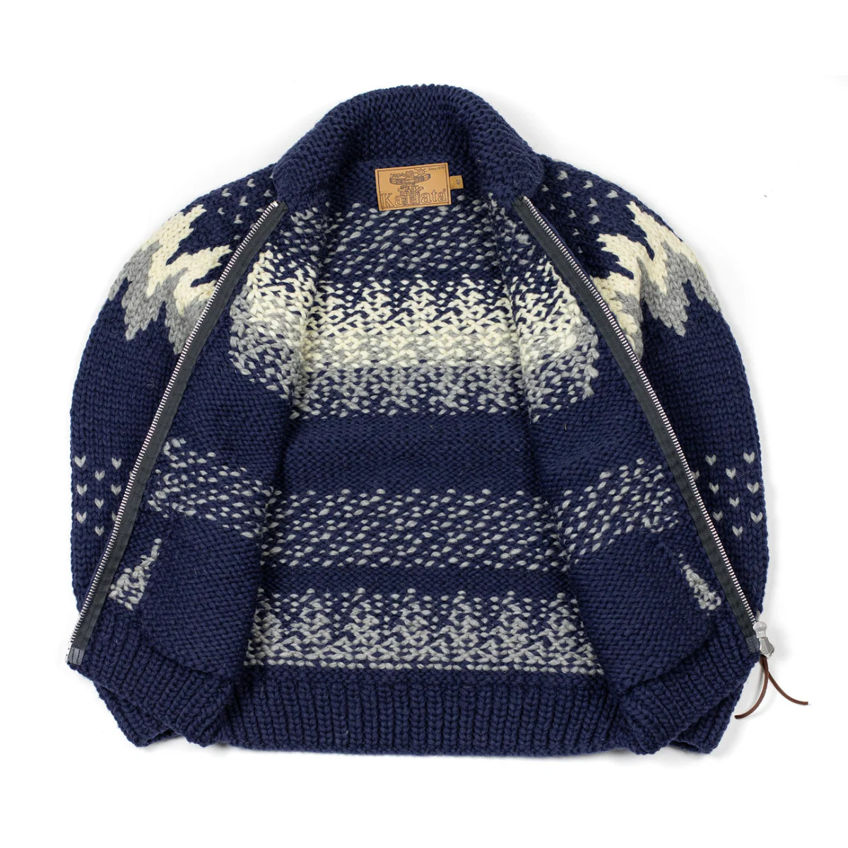 Cardigan Cowichan en laine vierge 6 fils tricoté à la main - navy et gris - Caudie