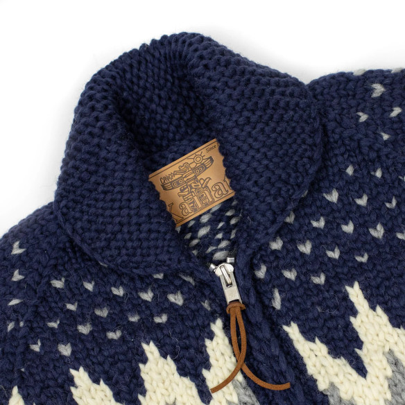 Cowichan cardigan hand-knit 6-ply wool - navy and grey winter - Caudie