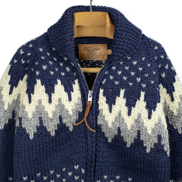 Cowichan cardigan hand-knit 6-ply wool - navy and grey winter - Caudie