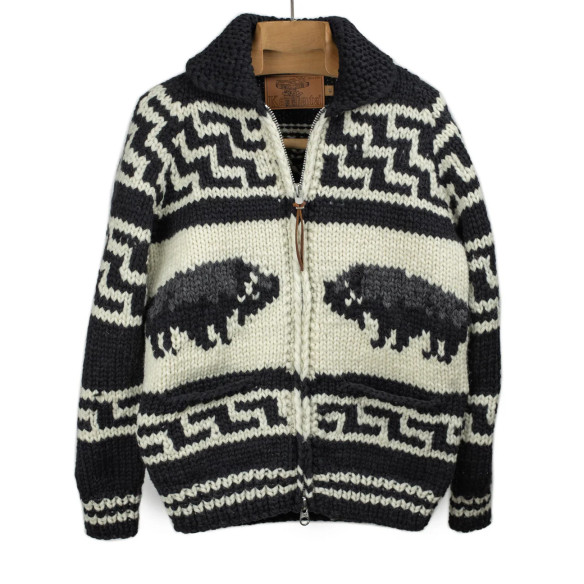 Cowichan cardigan hand-knit 6-ply wool - black, grey and natural - Caudie