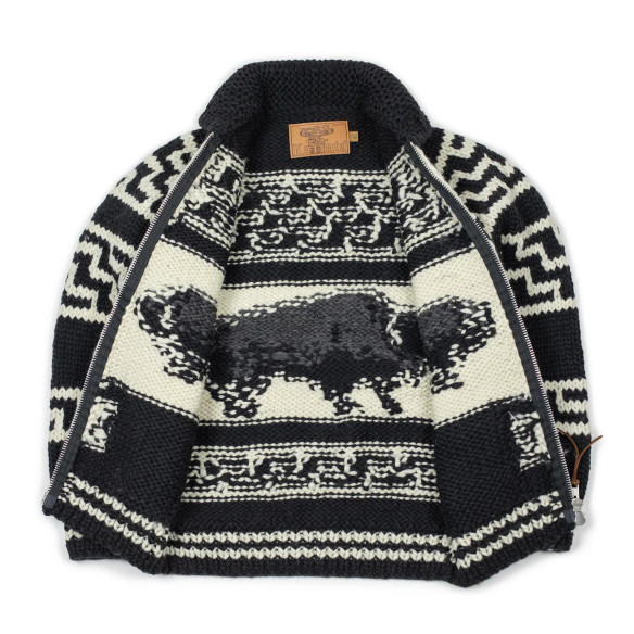 Cowichan cardigan hand-knit 6-ply wool - black, grey and natural - Caudie