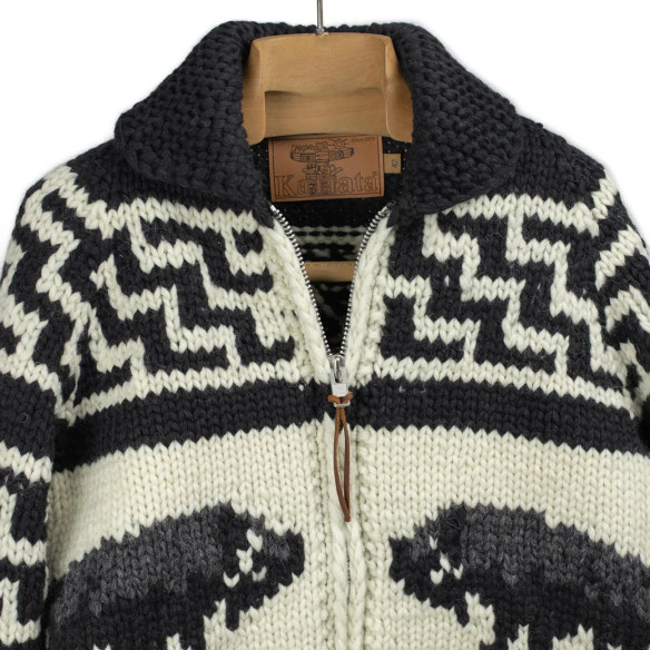 Cowichan cardigan hand-knit 6-ply wool - black, grey and natural - Caudie