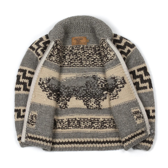 Cardigan Cowichan en laine vierge 6 fils tricoté à la main - gris - Caudie