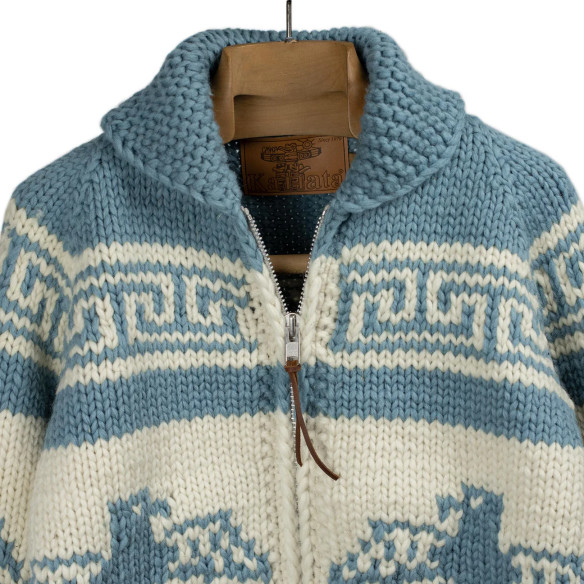 Cowichan cardigan hand-knit 6-ply wool - country blue and white - Caudie