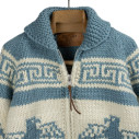 Cardigan Cowichan en laine vierge 6 fils tricoté à la main - country blue et blanc - Caudie