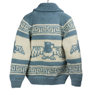 Cowichan cardigan hand-knit 6-ply wool - country blue and white - Caudie 2